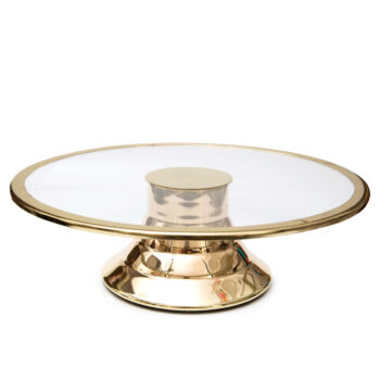 Aluguel de Prato de Vidro com Pé e Aro Dourado 40cm