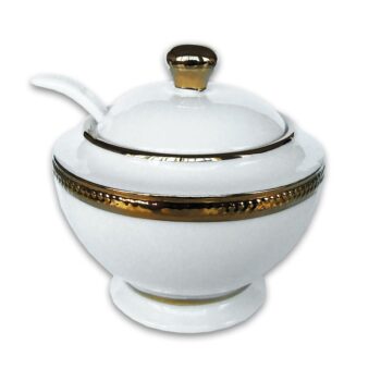 Aluguel de Açucareiro com Colher Branco com Relevo Dourado