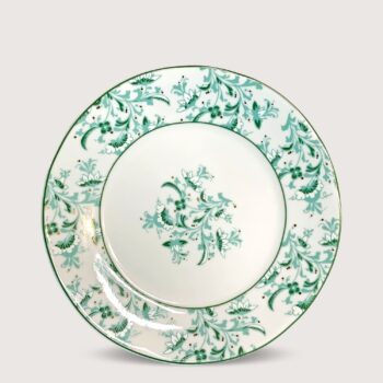 Aluguel de Prato Sobremesa Borda Floral Verde com Filete Dourado