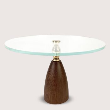 Aluguel de Prato de Vidro com Pé de Cone de Metal Cor de Madeira 35cm