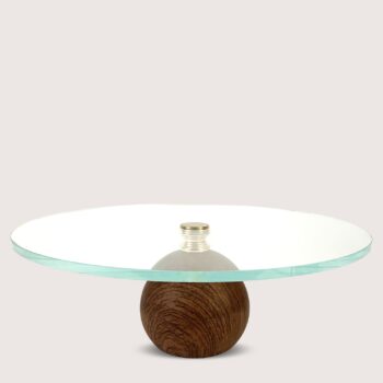 Aluguel de Prato de Vidro com Pé de Bola Ferro Cor Madeira 35cm