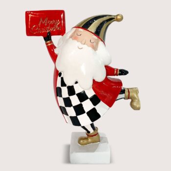 Aluguel de Papai Noel Gnomo com Gorro Dourado e Preto e Placa na Mão 19cm